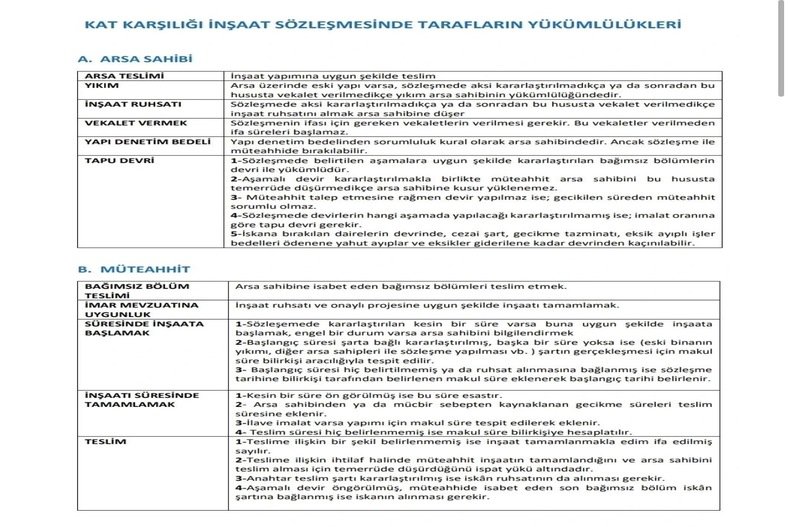 KAT KARŞILIĞI İNŞAAT SÖZLEŞMESİNDE TARAFLARIN YÜKÜMLÜLÜKLERİ