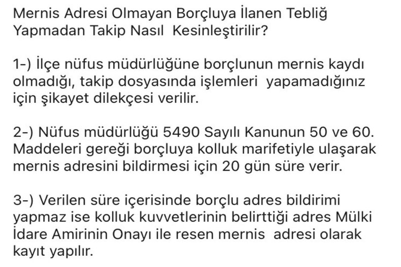 MERNİS ADRESİ OLMAYAN BORÇLUYA TEBLİĞ DURUMU